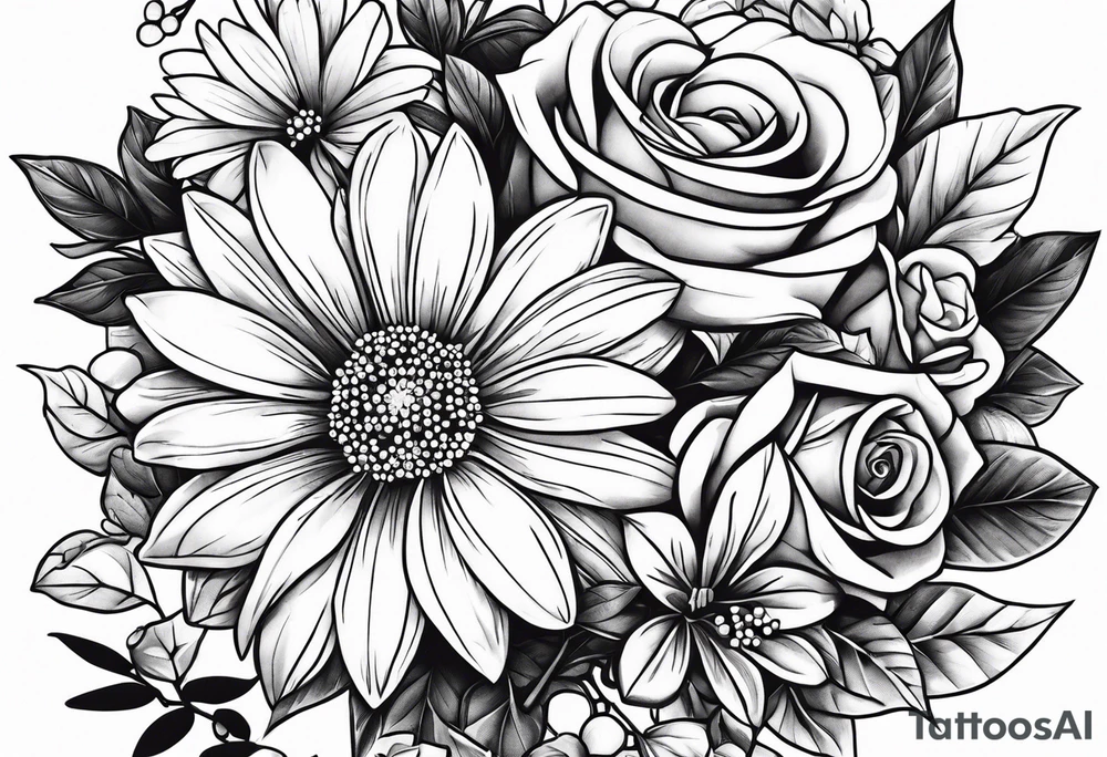 Daisy, rose, holly flower handheld 
bouquet tattoo idea