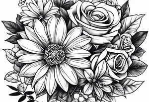 Daisy, rose, holly flower handheld 
bouquet tattoo idea