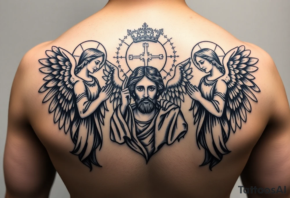 russian orthodox symmetrical guardian angel icon on left and right side of back with both angels holding up a jesus potrait tattoo idea