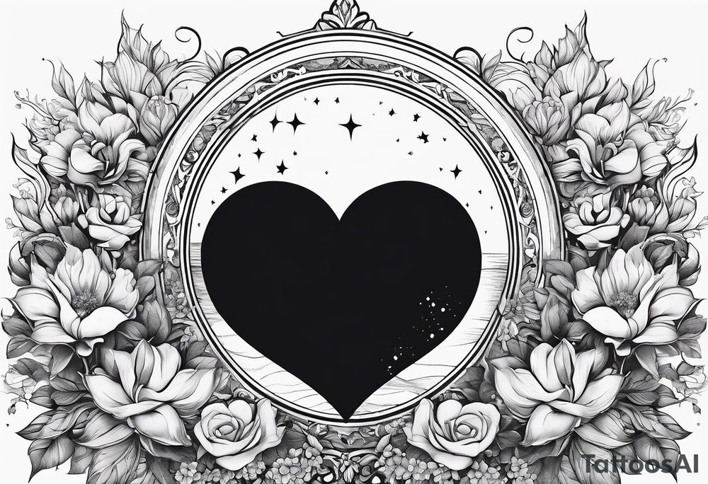 Crescent moon with a heart inside, shrouded by beautiful flowers with wisps of mist tattoo idea