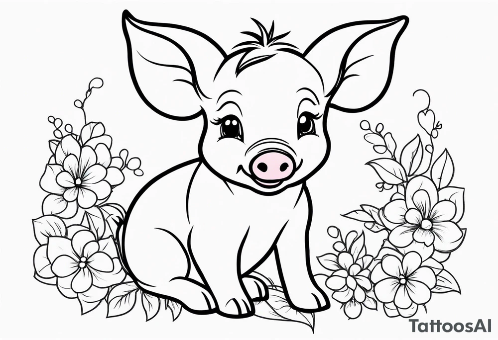 very cute happy piglet with small ears.
outline only.
black and white only.
only show the piglet. no extra lines or decoration.
no black shading.
draw only with very thin lines (1px)

should look like a tattoo that will only take 2 minutes to draw tattoo idea