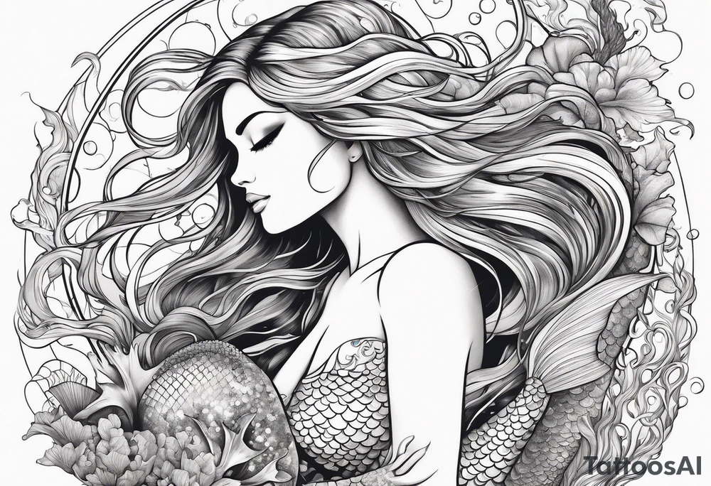 Beautiful mermaid under the sea with cascading hair and flowing tail. surrounded by sea creatures tattoo idea
