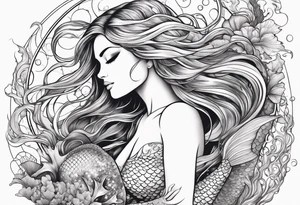 Beautiful mermaid under the sea with cascading hair and flowing tail. surrounded by sea creatures tattoo idea