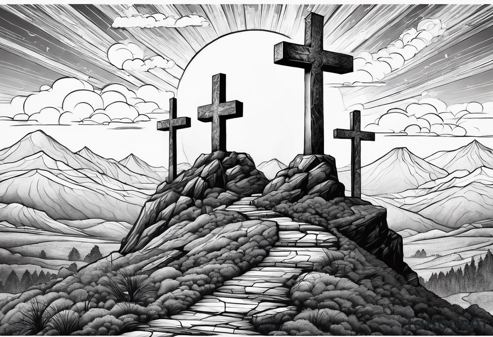 3 people on crosses on a hill facing west tattoo idea