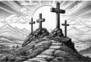 3 people on crosses on a hill facing west tattoo idea