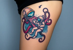 Kraken octopus grabbing a astronaut in a Outer space back ground tattoo idea