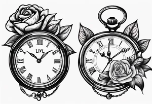 Two pocket watches linked together by a chain spelling "Lyv". Roses and lilies in the background tattoo idea