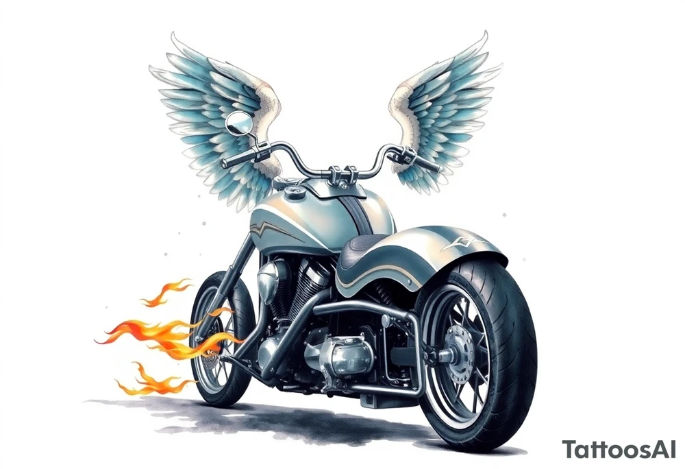Low rider grey motorcycle, big muffler pipes with flames, angel wings, driving away, no person tattoo idea