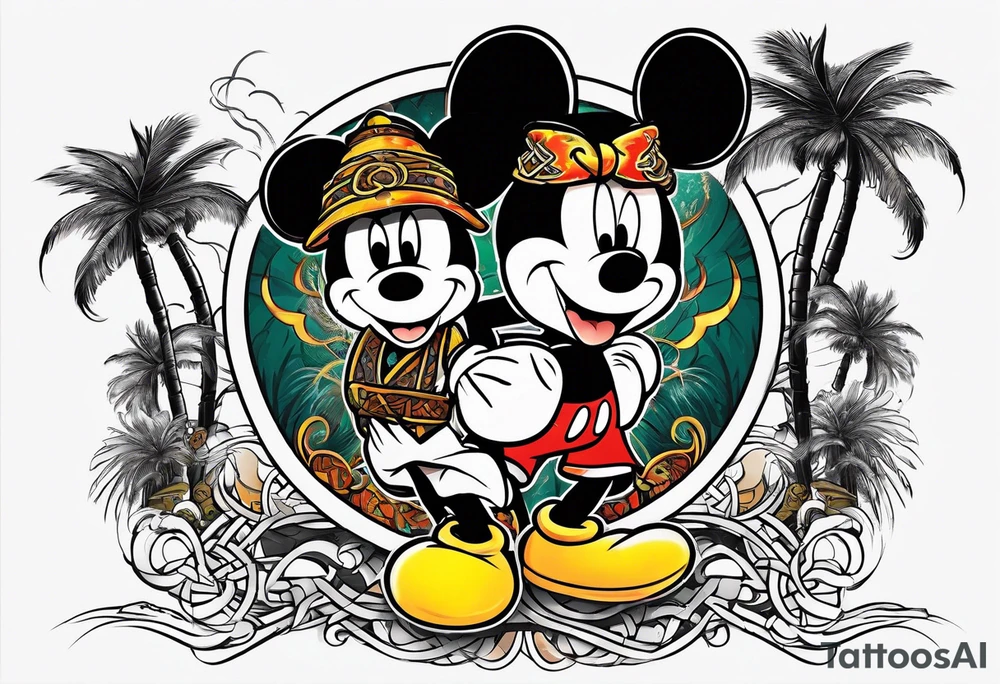 mickey mouse doing martial arts with palm trees, lightning storm and the celtic symbol for family tattoo idea