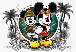 mickey mouse doing martial arts with palm trees, lightning storm and the celtic symbol for family tattoo idea