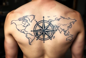 antique compass rose overlaid on weathered world map with sailing ships tattoo idea