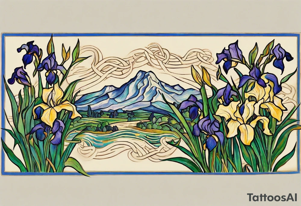 Create a colorful Vincent van Gogh's Irises tattoo, with vines in Celtic knots gracefully holding mountains. The intended placement is on the upper chest. The overall design should be small in size while maintaining a delicate and artistic aesthetic. Pay attention to the graceful flow of the vines and the placement of the irises to achieve a refined and elegant look. tattoo idea