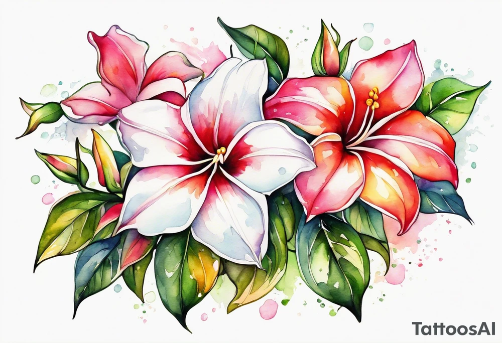 white background, abstract mandevilla flowers on a vine, part of it watercolor, part of it just line work tattoo idea