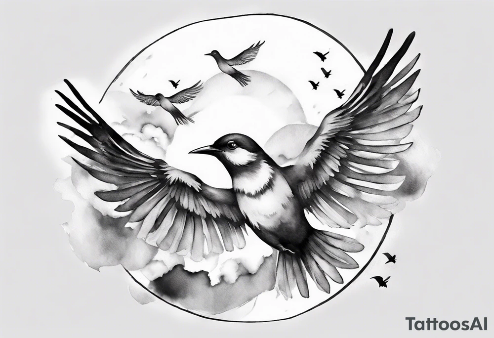 shoulder tattoo with light rays with birds flying free among the clouds, round shape, 3d effect tattoo idea