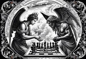 Depict an angel and demon playing chess on a board that morphs from celestial clouds to fiery inferno, representing the merging of the spiritual realms in the eternal game. tattoo idea