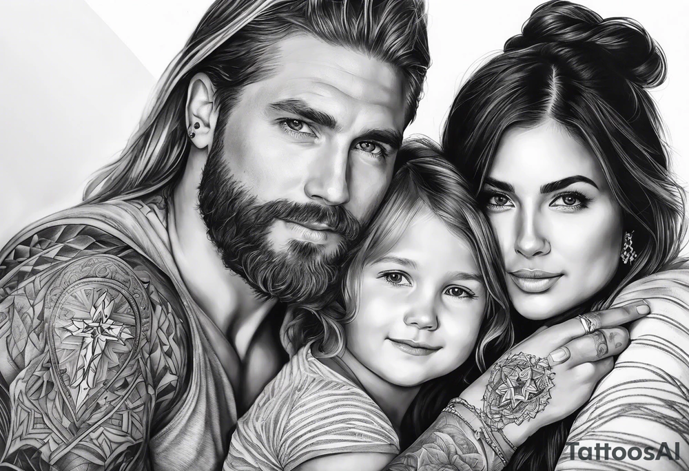 long sleeve tattoo about Christianity, family and the love of life tattoo idea
