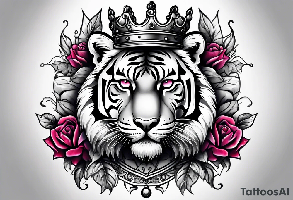 A tiger with crown and smoke rose times clocks tattoo idea