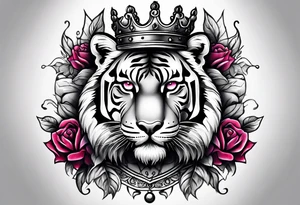 A tiger with crown and smoke rose times clocks tattoo idea
