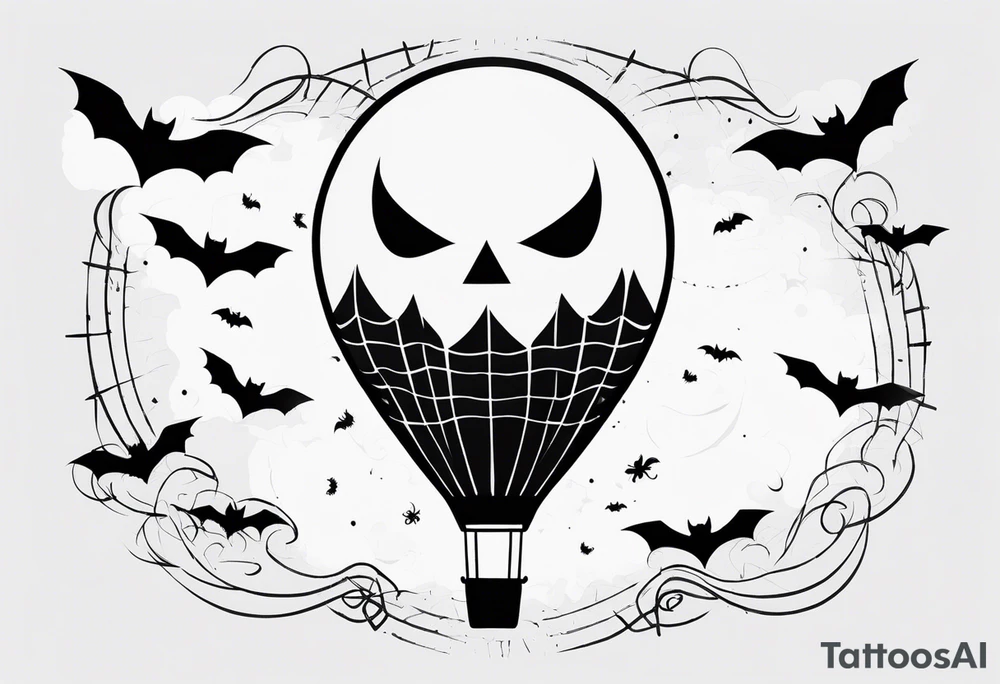 penny wise face on a floating balloon with spiders crawling on the balloon and bats flying around tattoo idea