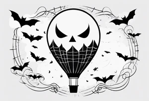 penny wise face on a floating balloon with spiders crawling on the balloon and bats flying around tattoo idea