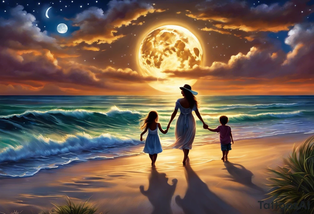 Create a stunning image of a realistic tattoo design that features a husband and wife holding hands, accompanied by their two children, walking along a beautiful beach. The moon shines radiantly in the night sky, illuminating the serene scene. Let your creativity flourish as you envision the intricate details that bring this tattoo to life, encapsulating the essence of love, family, and the awe-inspiring beauty of nature. tattoo idea
