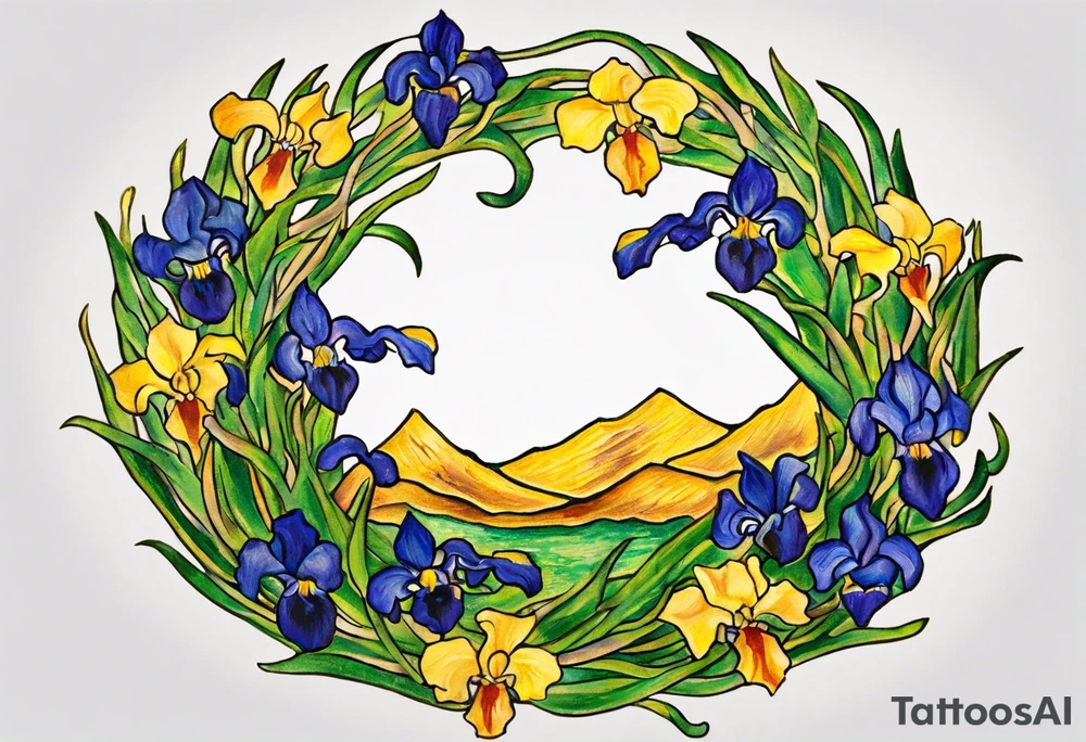 Create a small colorful Vincent van Gogh Irises tattoo in the form of a crescent, with vines or Celtic knots gracefully intertwining at a central point in the middle of the wreath.  In the middle of the wreath are mountains and other items found in New Mexico. Ensure that the design avoids the appearance of a bush and maintains a more structured and deliberate arrangement. The intended placement is on the upper chest. The overall design should be small in size while maintaining a delicate and artistic aesthetic. Pay attention to the graceful flow of the vines and the placement of the irises to achieve a refined and elegant look. tattoo idea