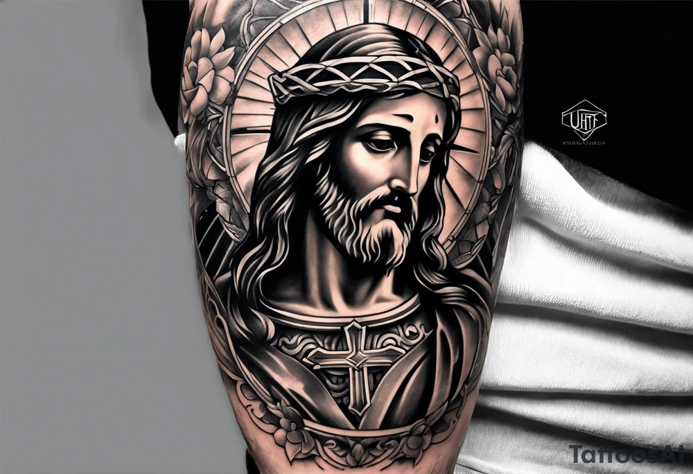 Catholic tattoo sleeve for a man. tattoo idea with Jesus on upper arm looking down tattoo idea