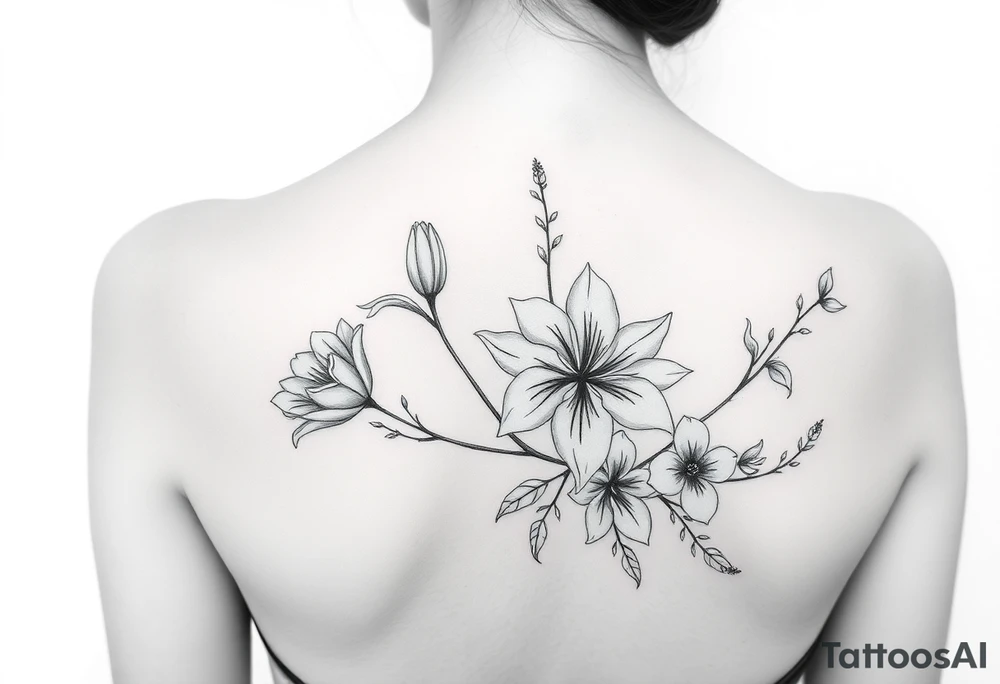 botanical tattoo with flowers such as tulips and lilies and cherry blossoms on the upper arm tattoo idea