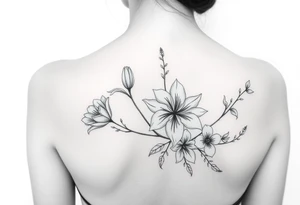 botanical tattoo with flowers such as tulips and lilies and cherry blossoms on the upper arm tattoo idea