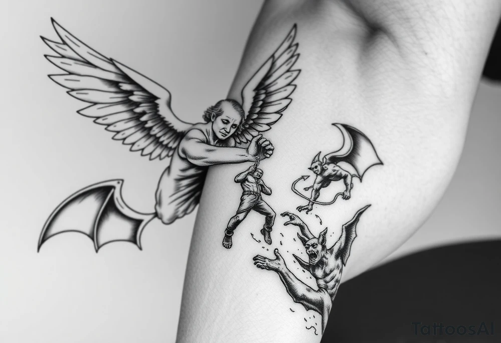Angel grabing for mans hand ass he's being pulled to hell by demons tattoo idea