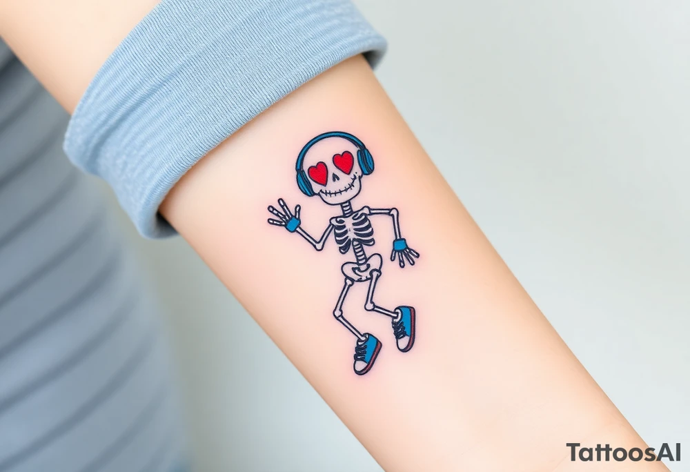smiley skeleton with red love shape in his eyes jumping on a jump rope with blue headphones and blue armbands and blue sneakers with colorful music notes around his head tattoo idea