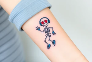 smiley skeleton with red love shape in his eyes jumping on a jump rope with blue headphones and blue armbands and blue sneakers with colorful music notes around his head tattoo idea