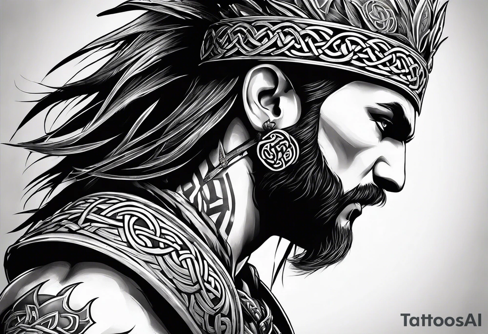 Side profile full body of Celtic warrior with weapons unsheathed tattoo idea