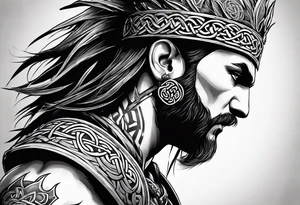 Side profile full body of Celtic warrior with weapons unsheathed tattoo idea
