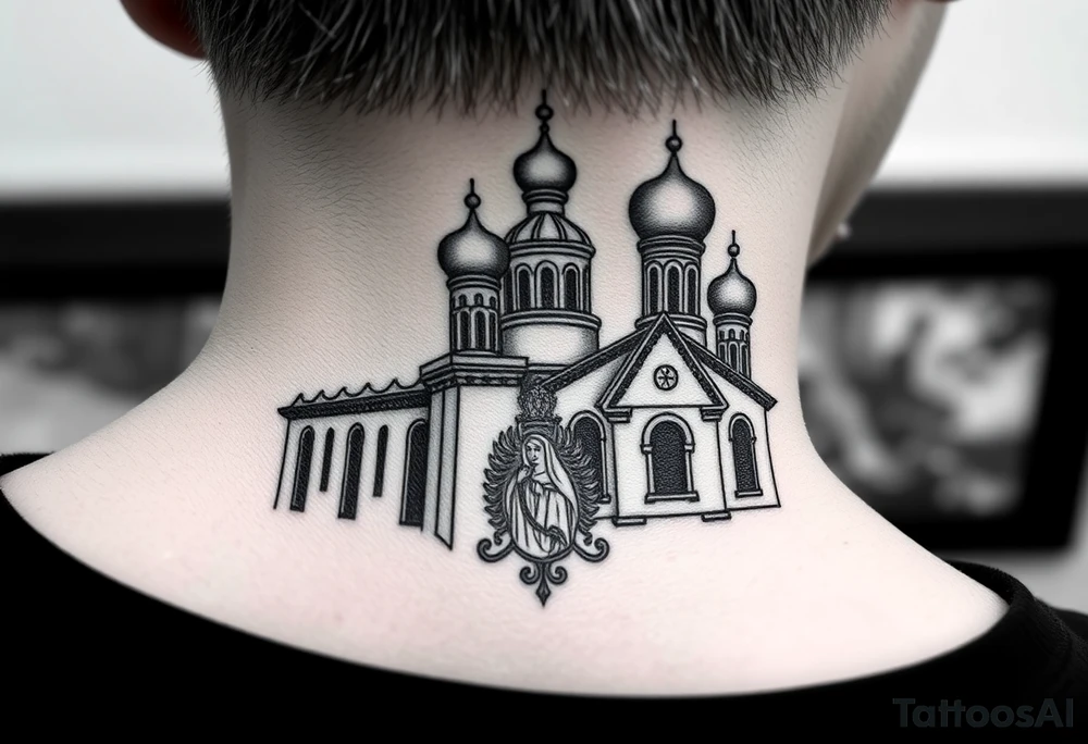 medium sized Russian orthodox church with bulb domes with a prominent russian orthodox coat of arms & virgin mary tattoo idea