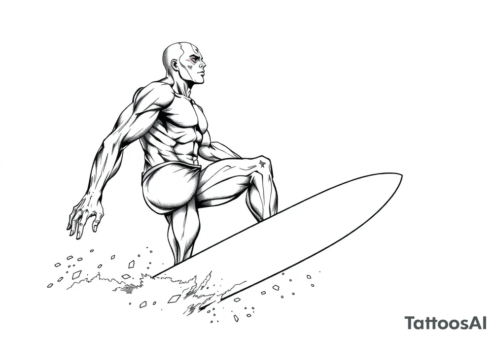 comic hero silver surfer on his board looking over in deep thought as he is in the sky tattoo idea