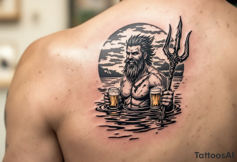 young, happy, fit, short hair, poseidon in calm water, holding a trident, drinking a beer, with sunset, with ski boat tattoo idea