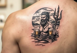 young, happy, fit, short hair, poseidon in calm water, holding a trident, drinking a beer, with sunset, with ski boat tattoo idea