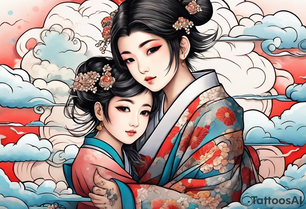2 children playing together in japanese clouds tattoo idea