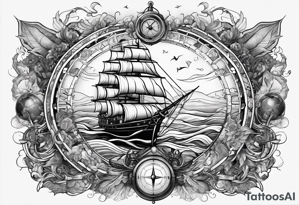 nautical vibe with various oceans, maps, waves, compass. tattoo idea nautical vibe with various oceans, maps, waves, compass. tattoo idea