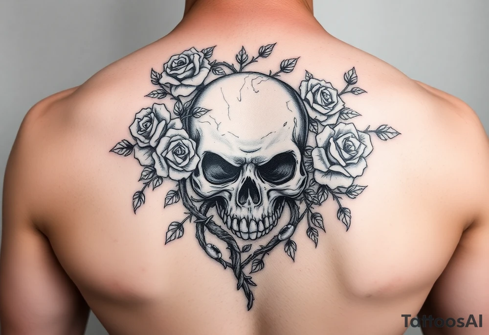 gothic skull intertwined with climbing roses and thorny vines tattoo idea