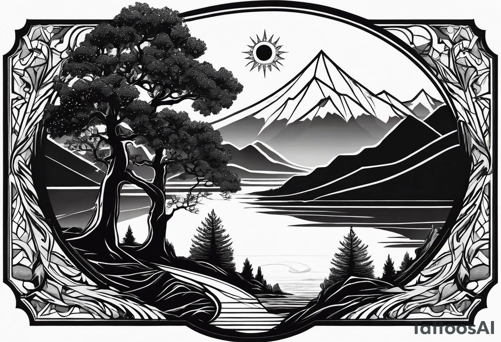 Oak tree by a flowing river with mountains and the sun and crescent moon in the background all inside of a geometric triangle. Some of the image will utilize negative space tattoo idea