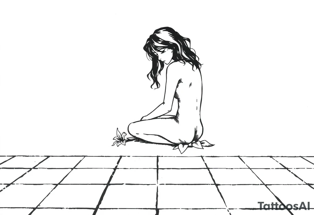 A simple tile floor with a minimalist, almost abstract curled figure sitting on the floor with a lily next to her tattoo idea