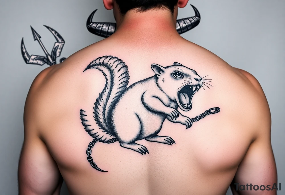 A giant of a man with goat horns and feet carrying the devils trident and in the other hand slaves on a chain a sickly squirrel with big teeth showing and an Angry little man mouth open and screaming on the back of the squirrel tattoo idea