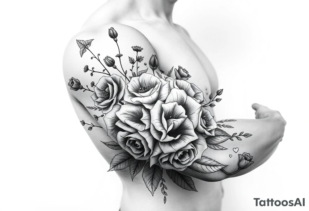 vintage bouquet of wild roses and meadow flowers with morning dew tattoo idea
