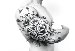 vintage bouquet of wild roses and meadow flowers with morning dew tattoo idea