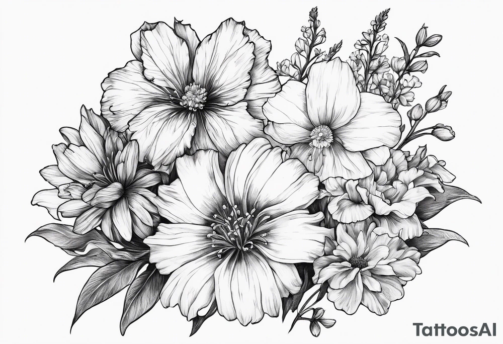 Small sketched bouquet of flowers larkspur carnation daisy iris tattoo idea