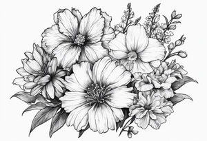 Small sketched bouquet of flowers larkspur carnation daisy iris tattoo idea