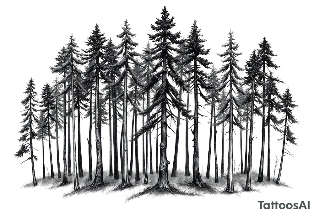 Needle forest with black and gray trees tattoo idea