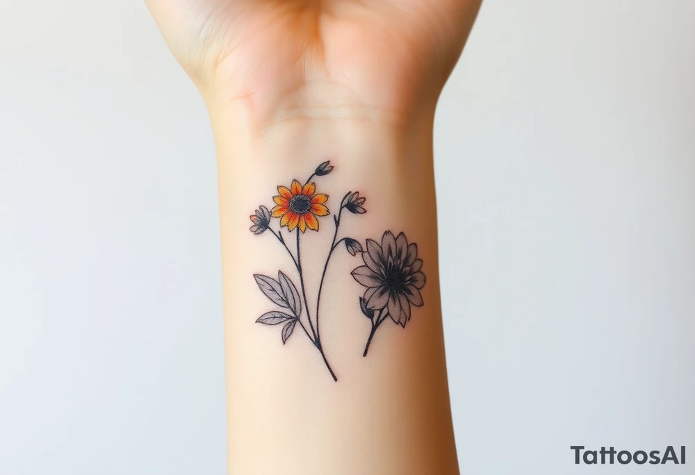wrist tattoo with marigold, lily of the valley, and chrysanthemum tattoo idea